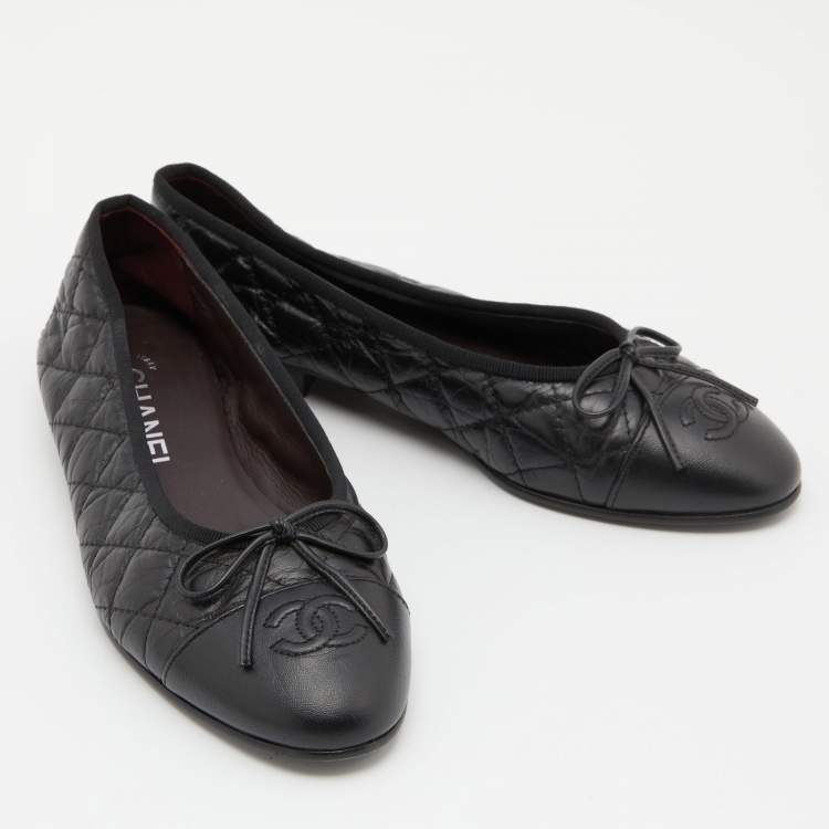 Pre Owned Chanel Black Leather Bow CC Cap Toe Ballet Flats Size 36.5