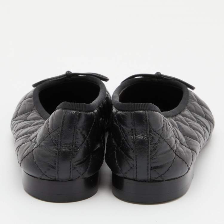 Pre Owned Chanel Black Leather Bow CC Cap Toe Ballet Flats Size 36.5