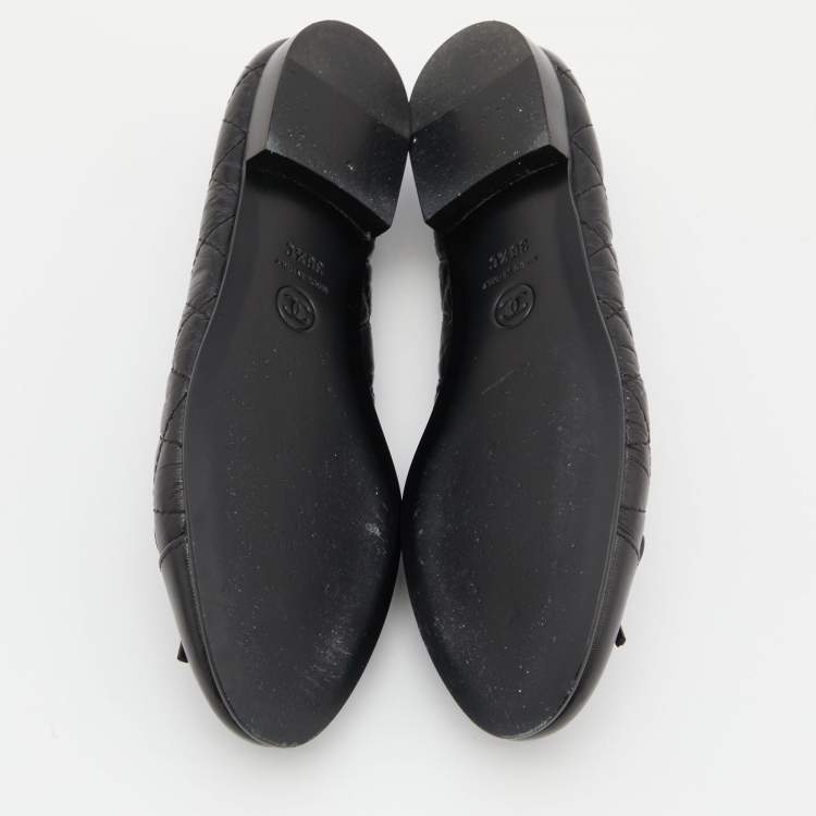 Pre Owned Chanel Black Leather Bow CC Cap Toe Ballet Flats Size 36.5