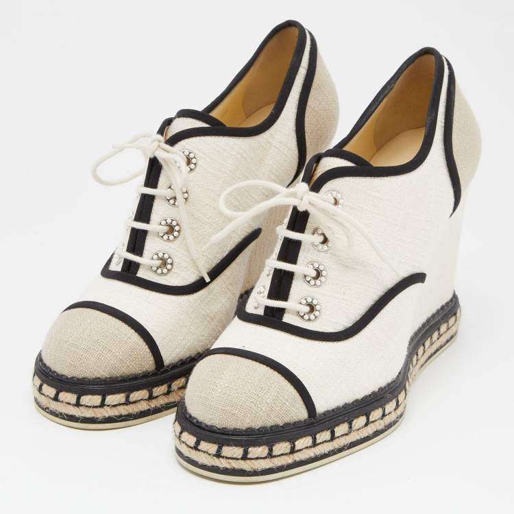 Chanel Tri Color Canvas CC Wedge Sneakers Size 38 Chanel