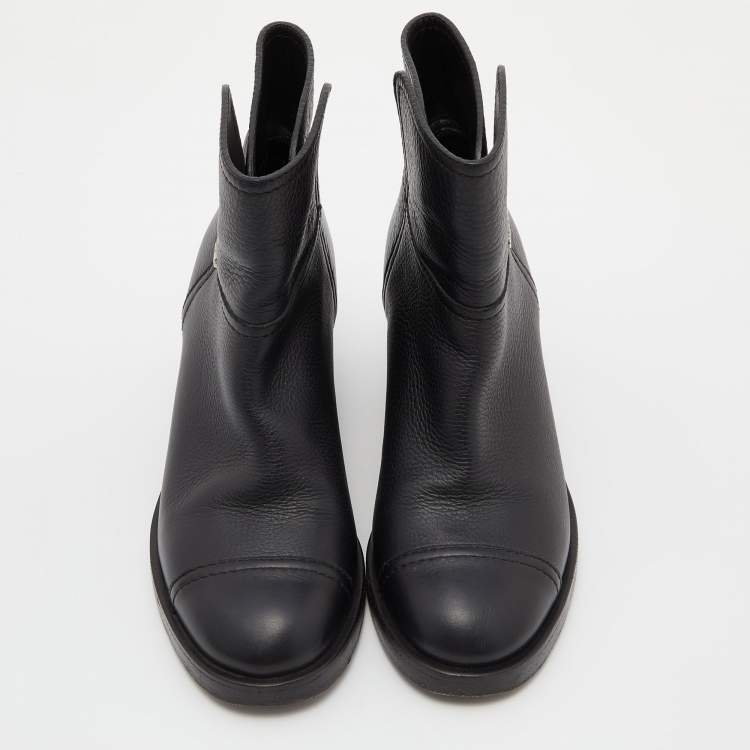 Pre Owned Chanel Black Leather Block Heel Ankle Boots Size 37