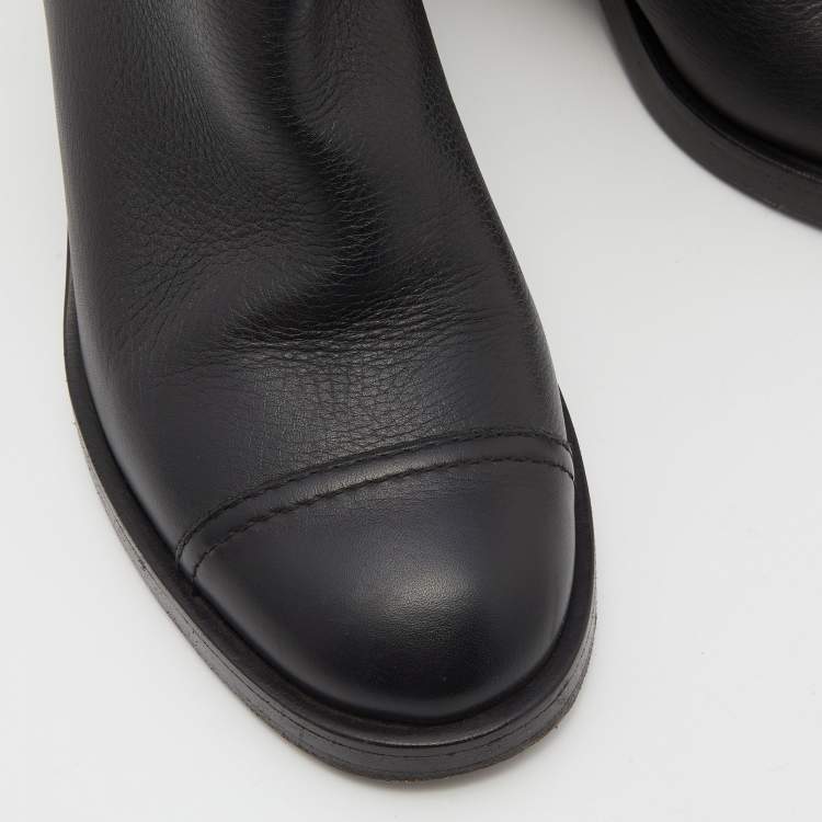 Pre Owned Chanel Black Leather Block Heel Ankle Boots Size 37
