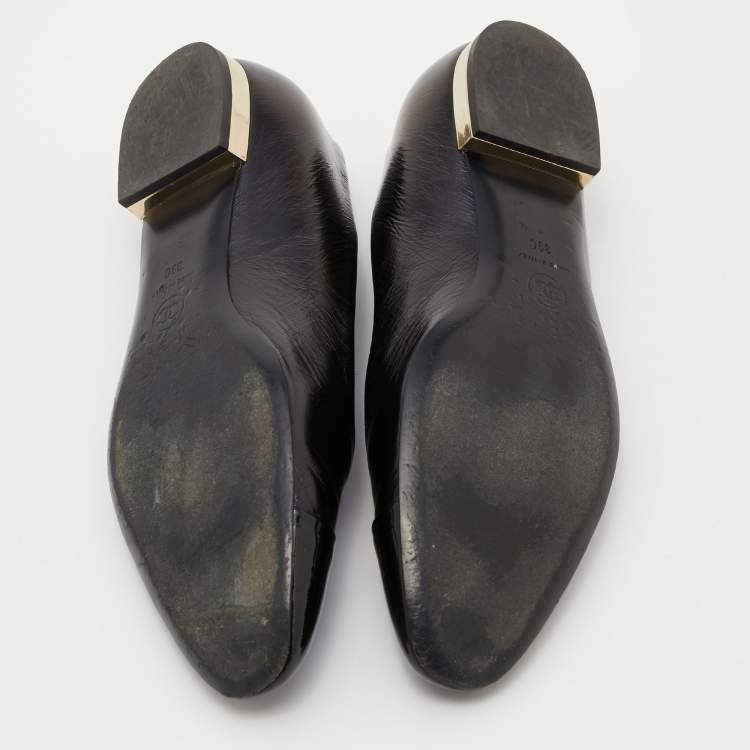 Pre Owned Chanel Black Leather and Patent Cap Toe CC Ballet Flats Size 39