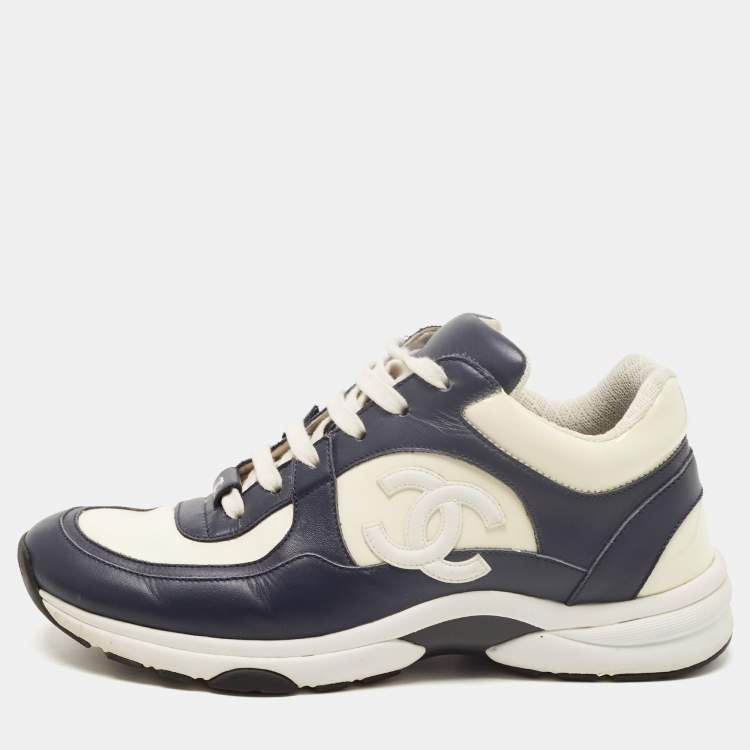 Chanel Navy Blue/Cream Leather and Patent CC Low Top Sneakers Size 38.5  Chanel | The Luxury Closet