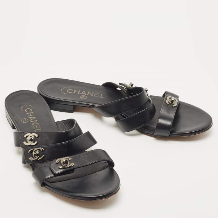 Pre Owned Chanel Black Leather CC Turnlock Triple Strap Flat Slides Size 39.5