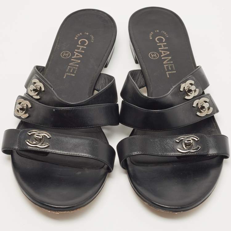 Pre Owned Chanel Black Leather CC Turnlock Triple Strap Flat Slides Size 39.5