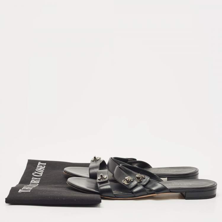 Pre Owned Chanel Black Leather CC Turnlock Triple Strap Flat Slides Size 39.5