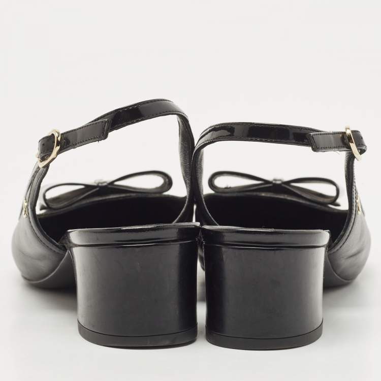 Pre Owned Chanel Black Leather Bow CC Slingback Pumps Size 36.5