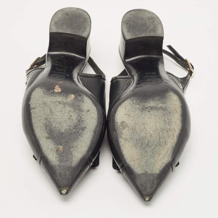 Pre Owned Chanel Black Leather Bow CC Slingback Pumps Size 36.5