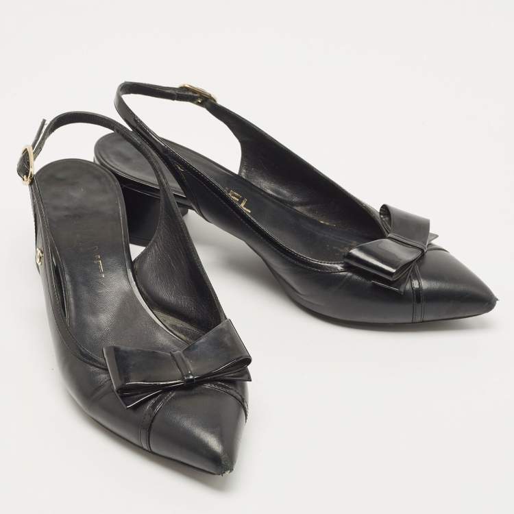 Pre Owned Chanel Black Leather Bow CC Slingback Pumps Size 36.5