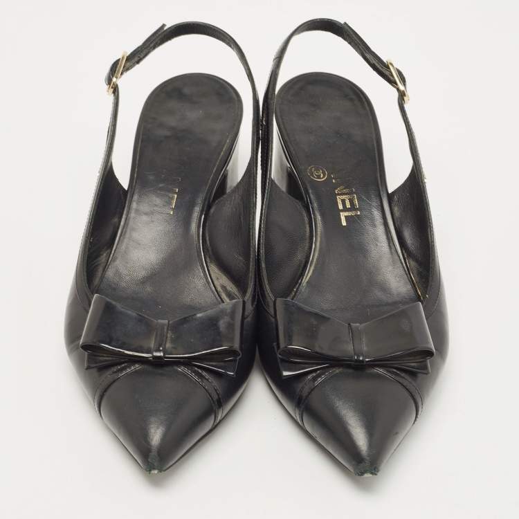 Pre Owned Chanel Black Leather Bow CC Slingback Pumps Size 36.5