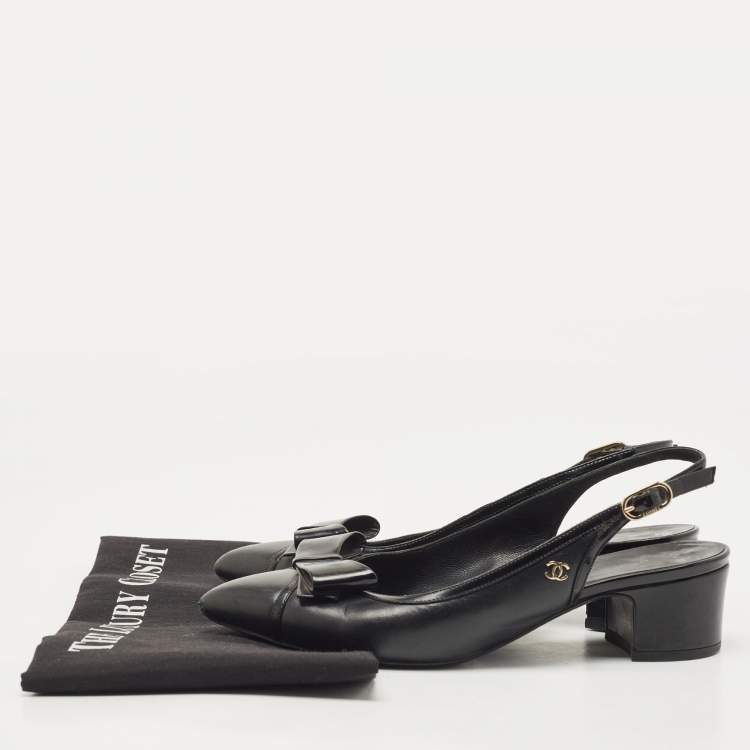 Pre Owned Chanel Black Leather Bow CC Slingback Pumps Size 36.5