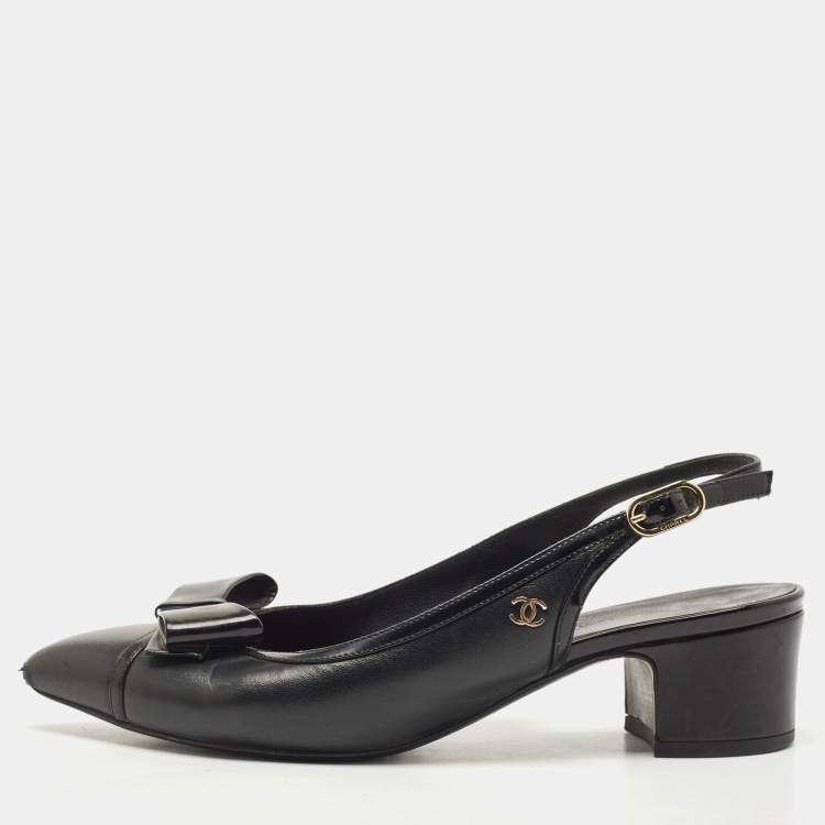 Pre Owned Chanel Black Leather Bow CC Slingback Pumps Size 36.5