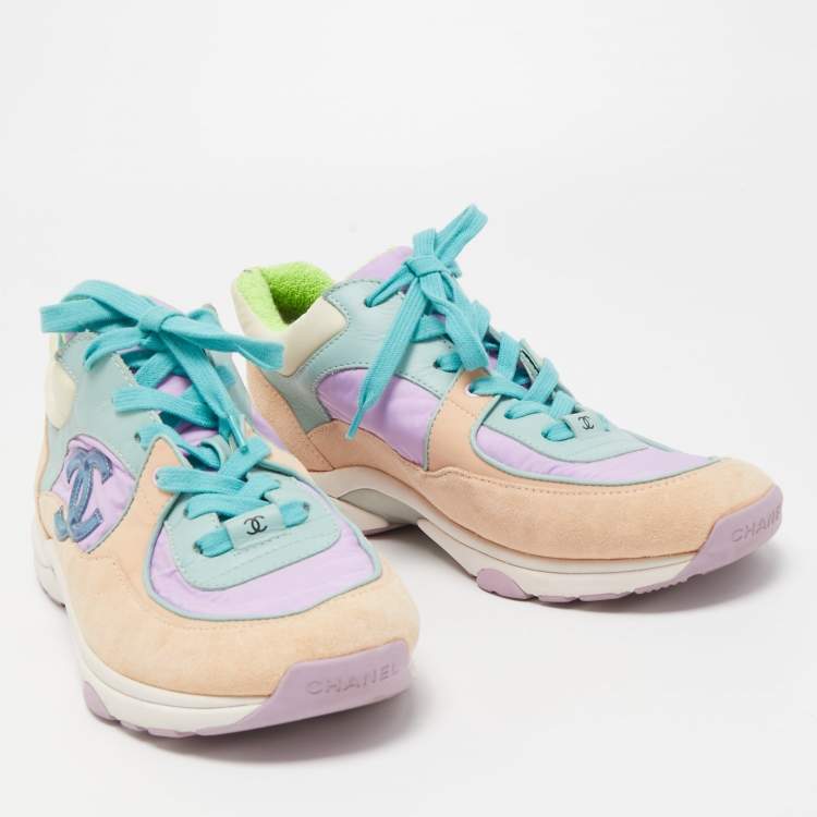 Pre Owned Chanel Multicolor Suede and Neoprene CC Low Top Sneakers Size 39.5