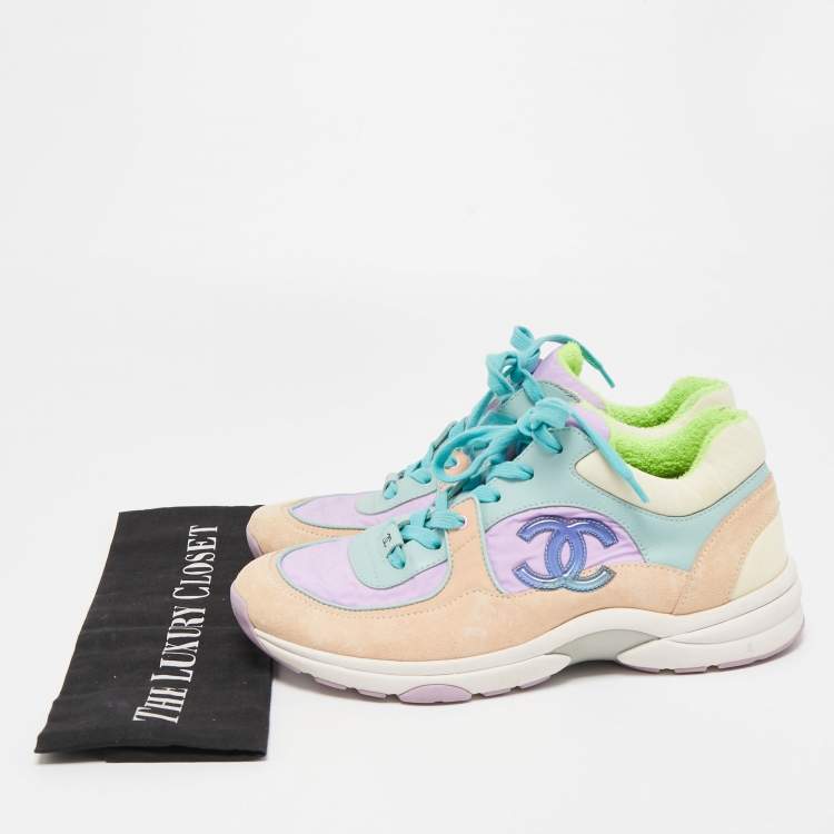 Pre Owned Chanel Multicolor Suede and Neoprene CC Low Top Sneakers Size 39.5