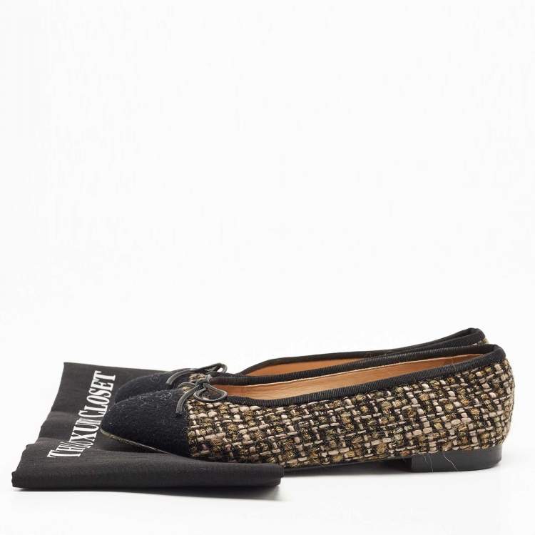 Pre Owned Chanel Two Tone Tweed CC Bow Ballet Flats Size 37.5