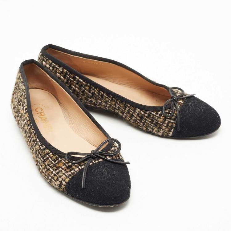 Pre Owned Chanel Two Tone Tweed CC Bow Ballet Flats Size 37.5