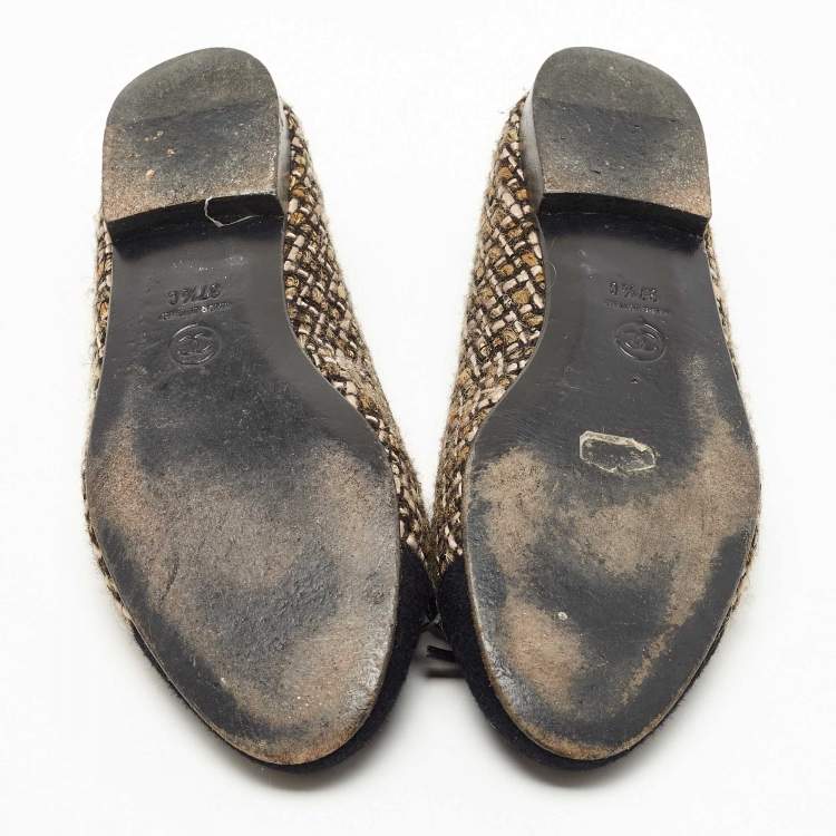 Pre Owned Chanel Two Tone Tweed CC Bow Ballet Flats Size 37.5