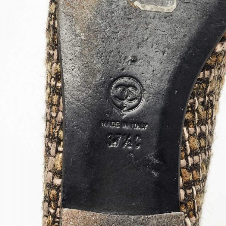 Pre Owned Chanel Two Tone Tweed CC Bow Ballet Flats Size 37.5