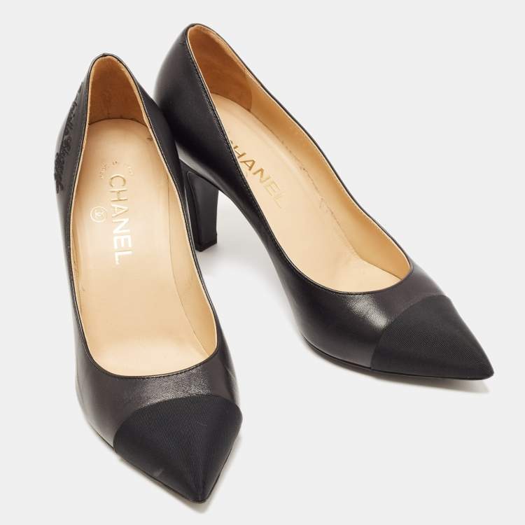 Pre Owned Chanel Black Leather And Canvas Cap Toe Pointed Toe Pumps Size 38.5