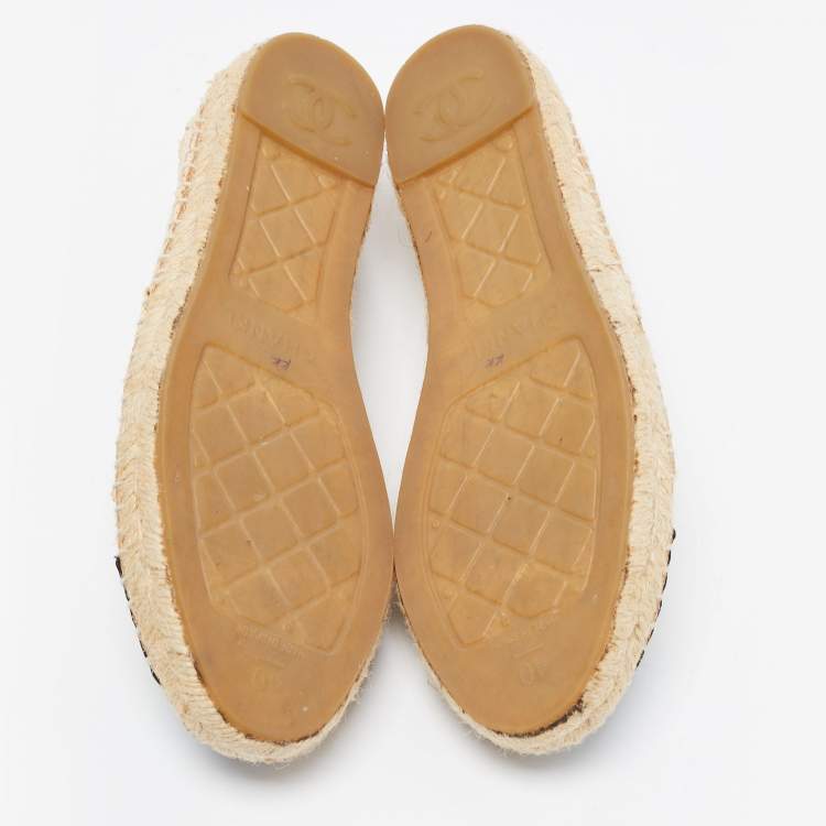 Pre Owned Chanel Beige/Black Canvas and Woven Raffia Espadrille Flats Size 40