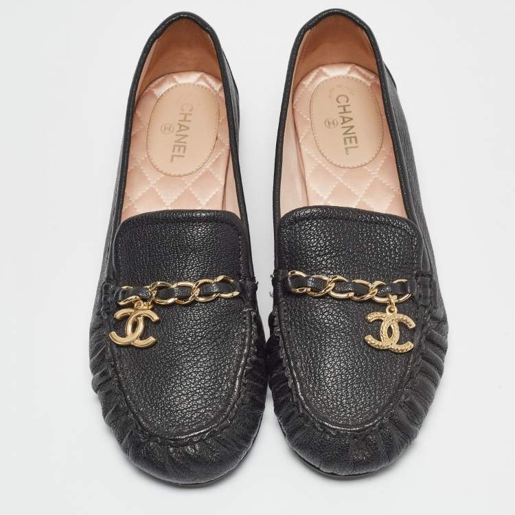Pre Owned Chanel Black Leather Chain Detail Slip On Loafers Size 37