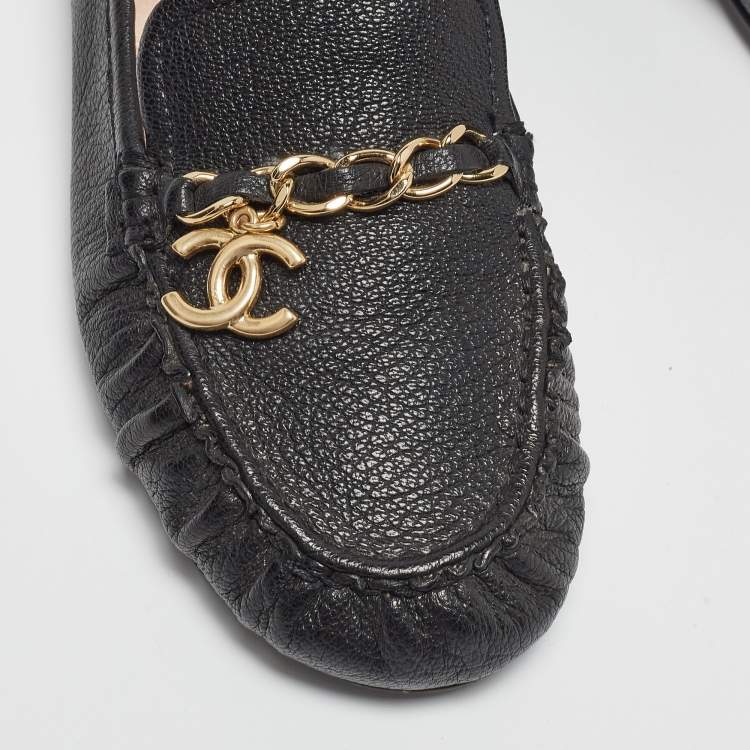 Pre Owned Chanel Black Leather Chain Detail Slip On Loafers Size 37