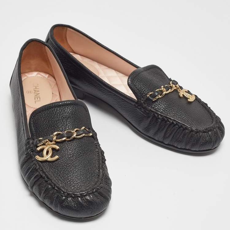 Pre Owned Chanel Black Leather Chain Detail Slip On Loafers Size 37