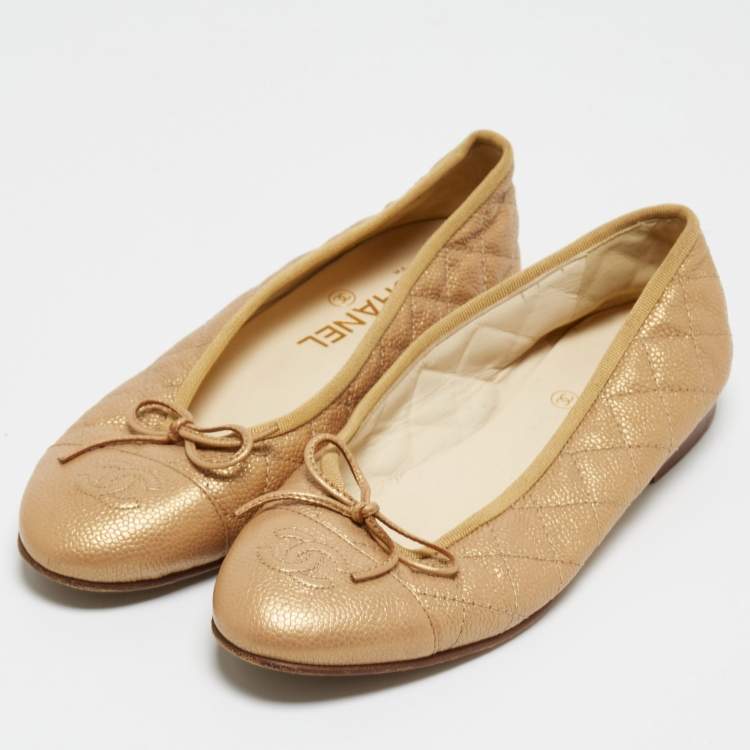 Chanel Gold Quilted Caviar Leather CC Bow Cap Toe Ballet Flats