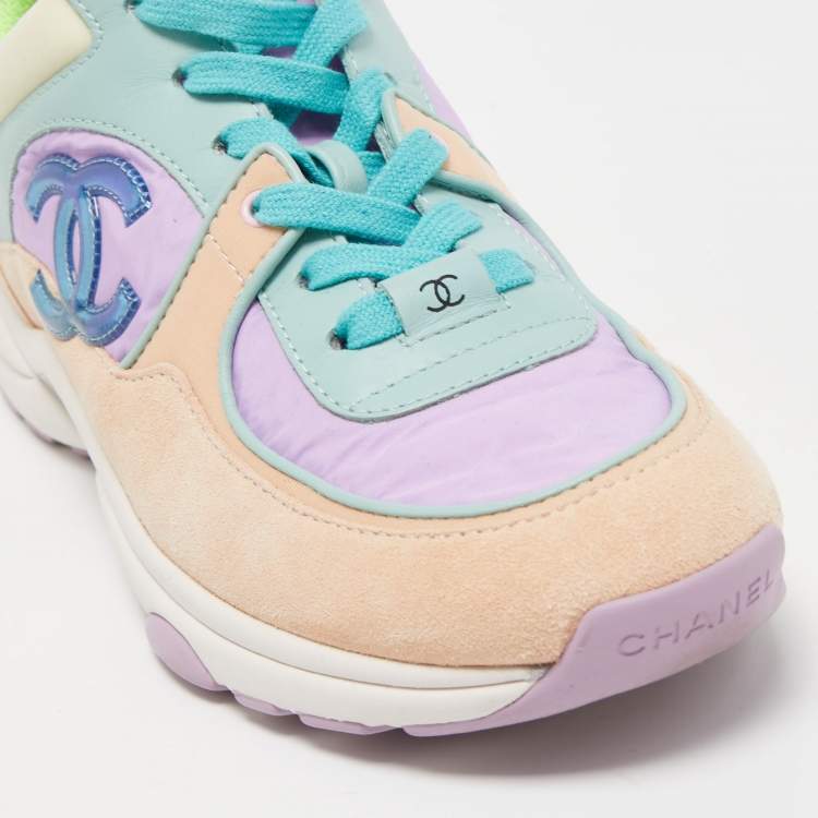 Pre Owned Chanel Multicolor Nylon, Leather and Suede CC Low Top Sneakers Size 37.5