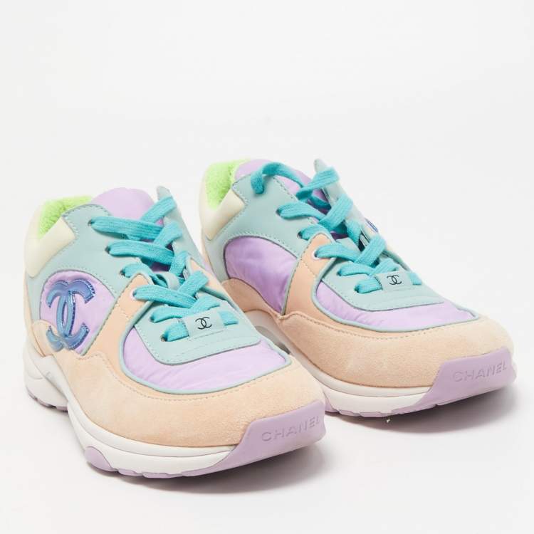 Pre Owned Chanel Multicolor Nylon, Leather and Suede CC Low Top Sneakers Size 37.5