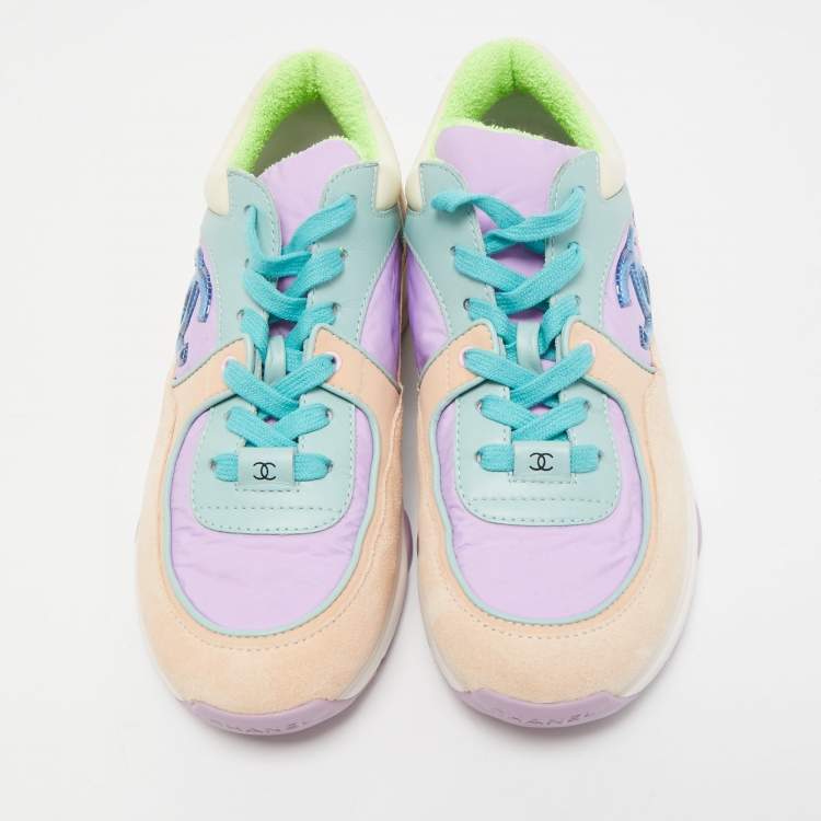 Pre Owned Chanel Multicolor Nylon, Leather and Suede CC Low Top Sneakers Size 37.5