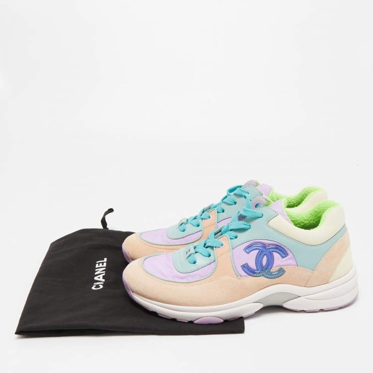 Pre Owned Chanel Multicolor Nylon, Leather and Suede CC Low Top Sneakers Size 37.5