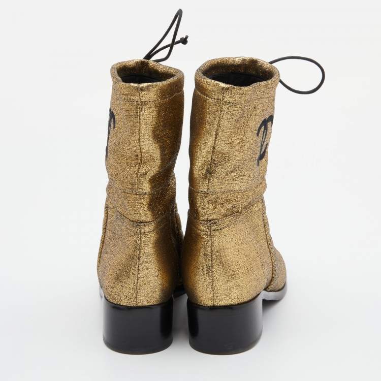 Pre Owned Chanel Gold Leather Quilted CC Logo Ankle Boots Size 38.5