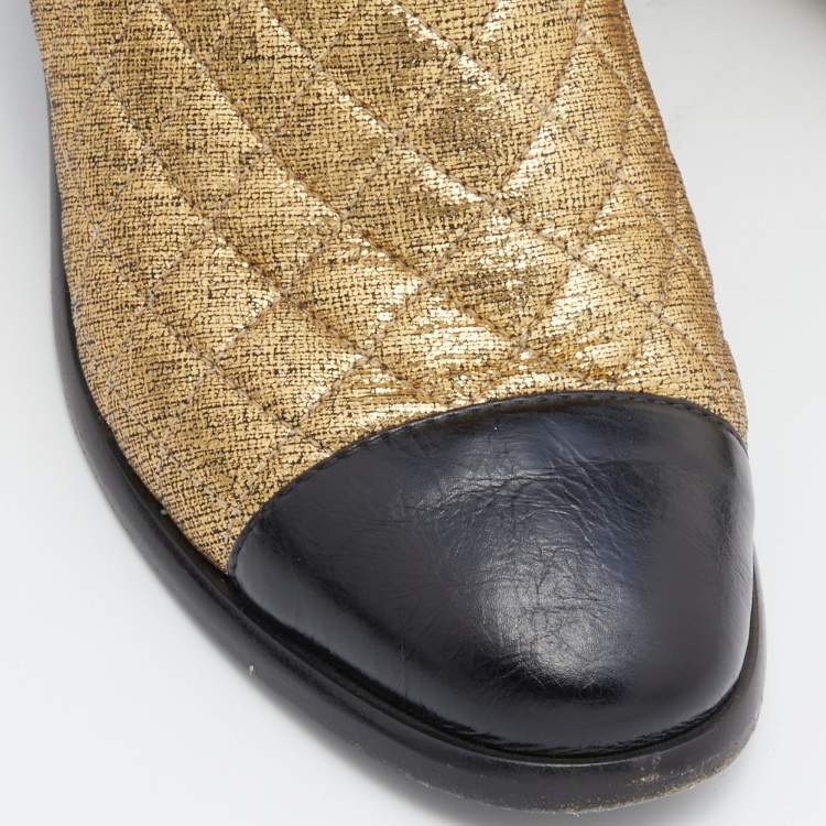 Pre Owned Chanel Gold Leather Quilted CC Logo Ankle Boots Size 38.5