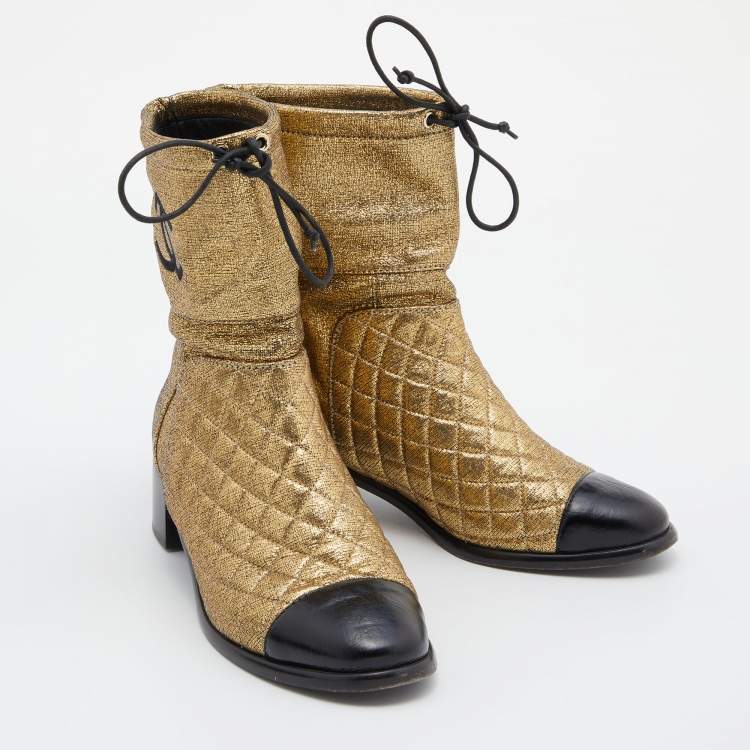 Pre Owned Chanel Gold Leather Quilted CC Logo Ankle Boots Size 38.5