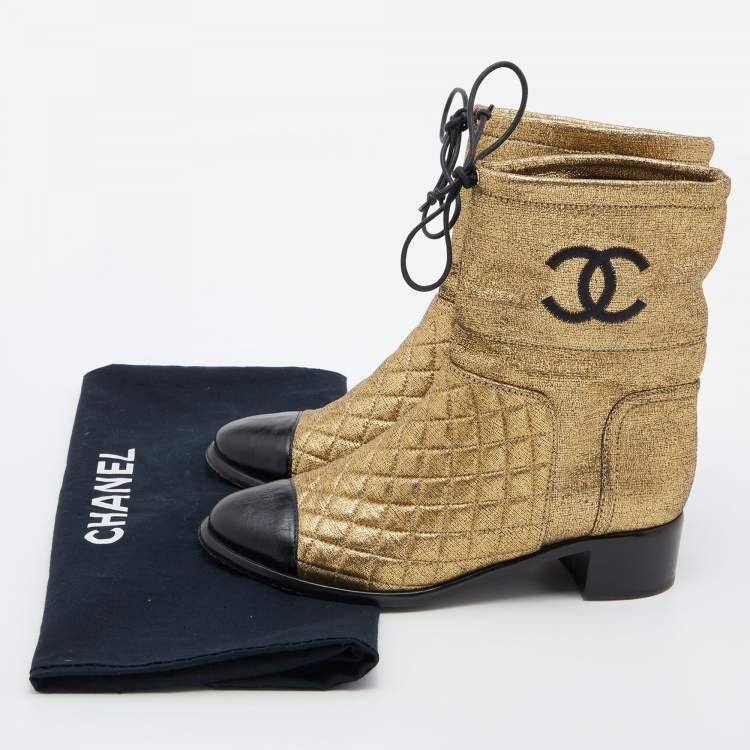 Pre Owned Chanel Gold Leather Quilted CC Logo Ankle Boots Size 38.5