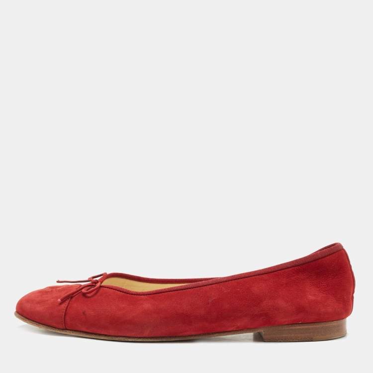 Chanel Red Suede Bow CC Cap Top Ballet Flats Size 41 Chanel