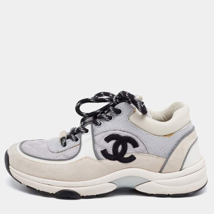 Pre Owned Chanel Tricolor Mesh and Suede CC Low Top Sneakers Size 36