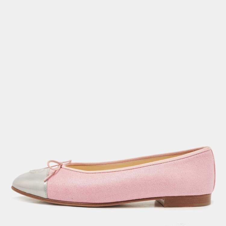 Chanel Pink/Silver Patent And Canvas CC Cap Toe Ballet Flats Size 40 Chanel  | The Luxury Closet