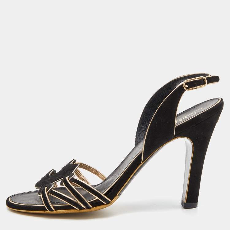 Chanel Black Leather and Mesh Slingback Heels with Mesh CC Cutout - 38