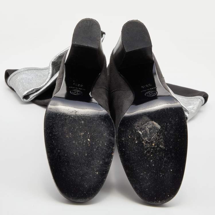 Pre Owned Chanel Grey Suede and Leather Knee Length Boots Size 38.5