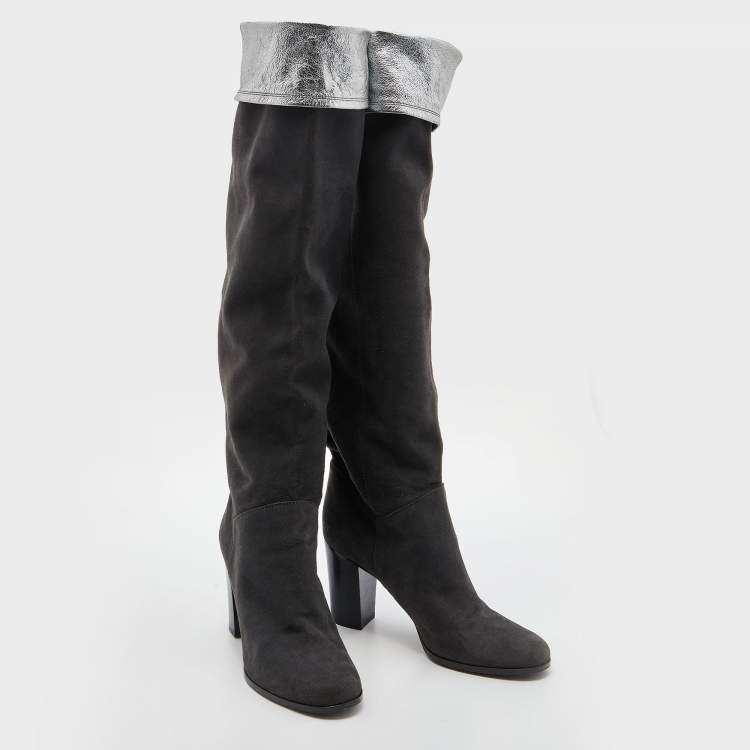 Pre Owned Chanel Grey Suede and Leather Knee Length Boots Size 38.5