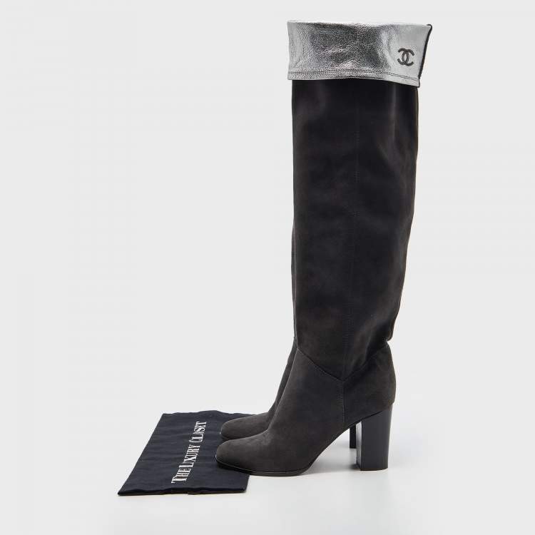 Pre Owned Chanel Grey Suede and Leather Knee Length Boots Size 38.5