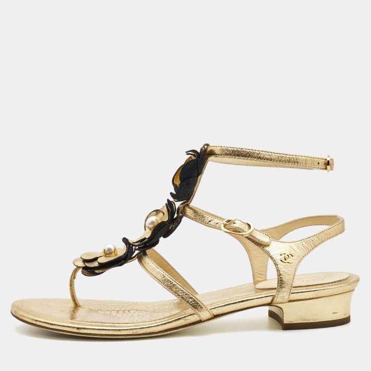 Chanel Gold/Black Leather CC T-Strap Flat Thong Sandals Size 10/40.5C -  Yoogi's Closet