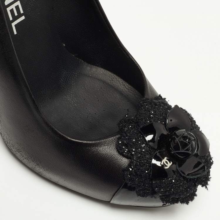 Pre Owned Chanel Black Leather CC Camellia Cap Toe Pumps Size 37