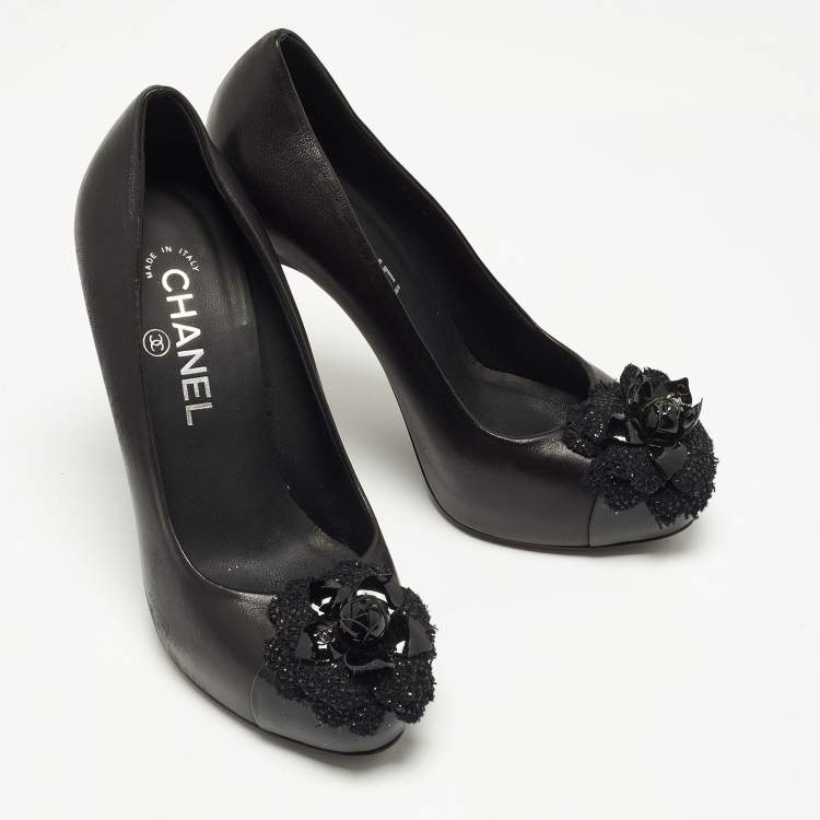 Pre Owned Chanel Black Leather CC Camellia Cap Toe Pumps Size 37