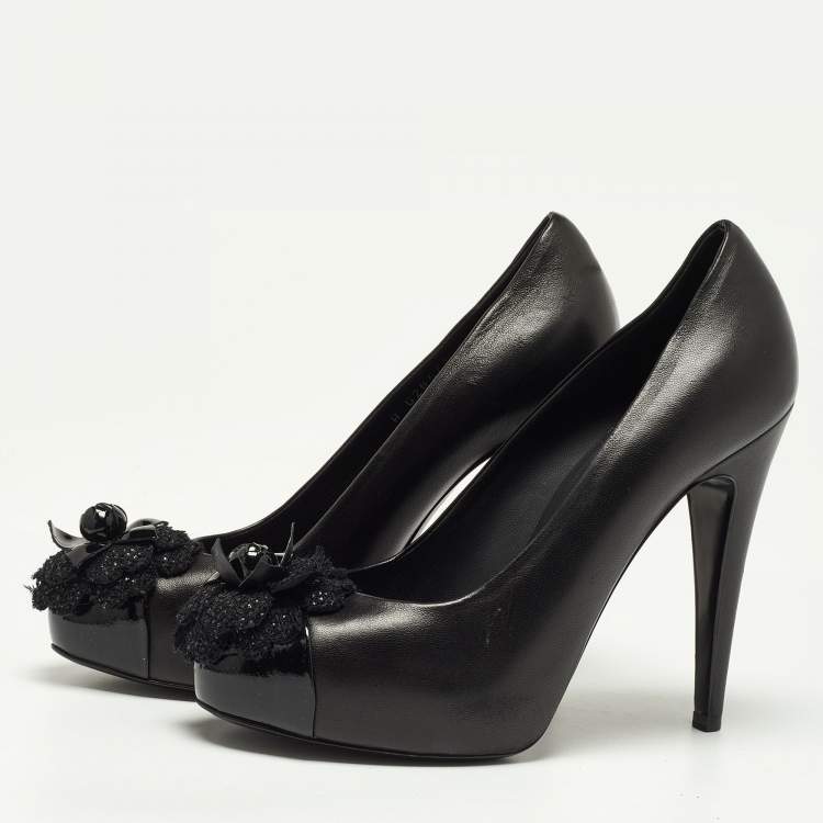 Pre Owned Chanel Black Leather CC Camellia Cap Toe Pumps Size 37