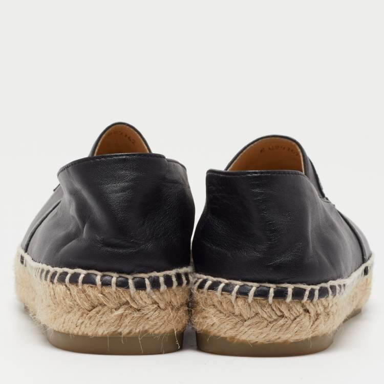 Pre Owned Chanel Black Leather CC Cap Toe Espadrille Flats Size 39