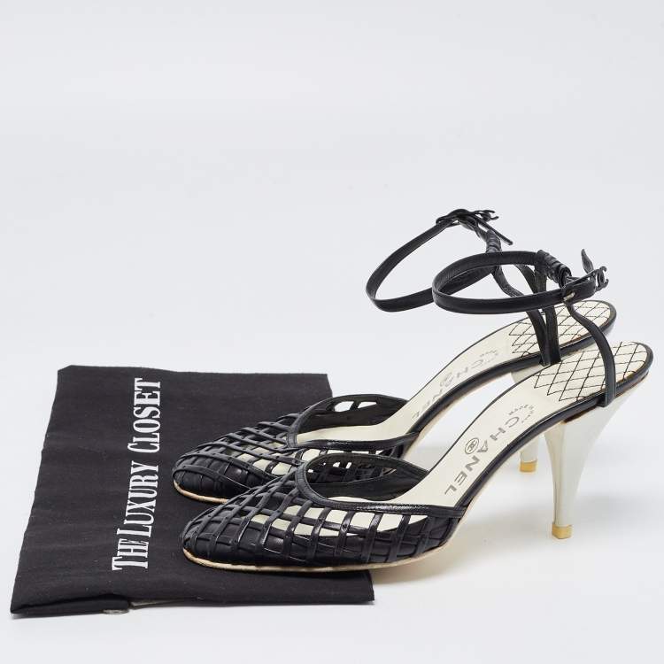 Pre Owned Chanel Black Leather CC Ankle Strap Pumps Size 39.5